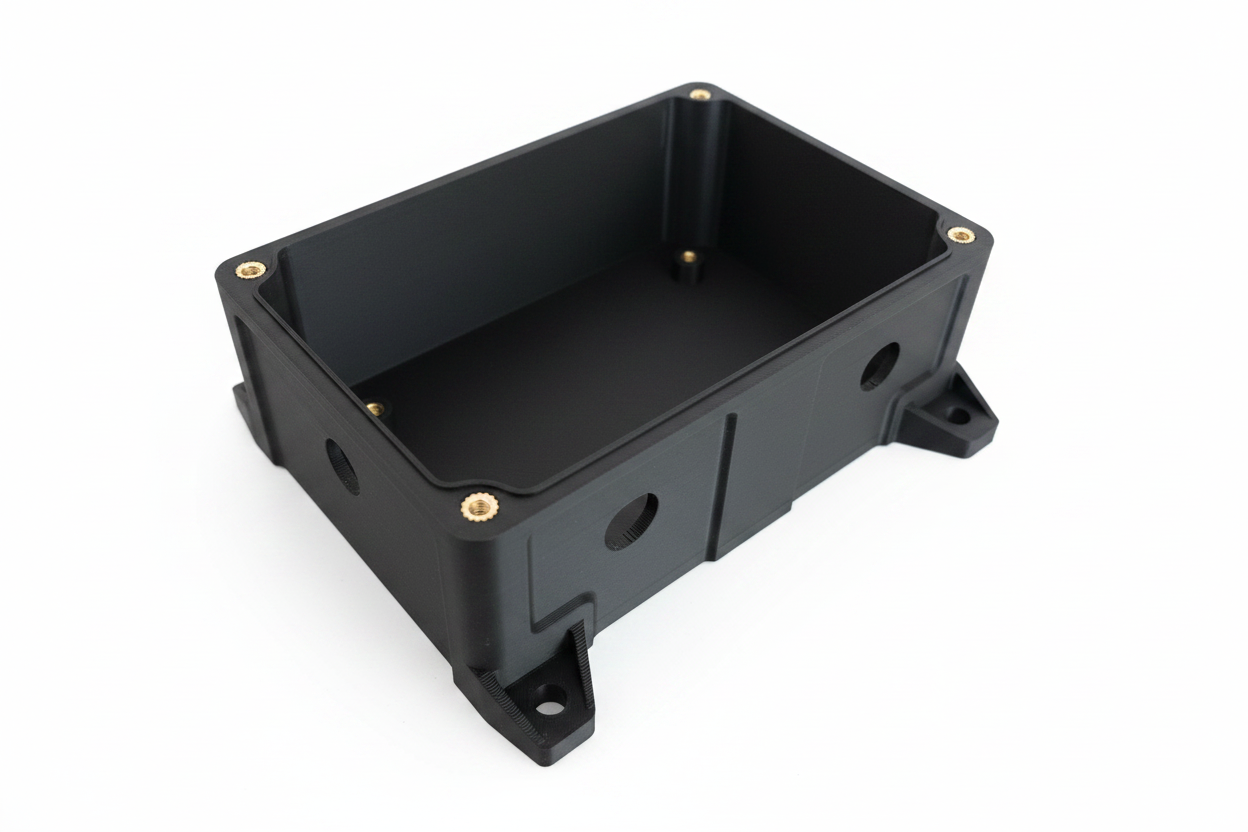 Electronics enclosure base open showing brass inserts